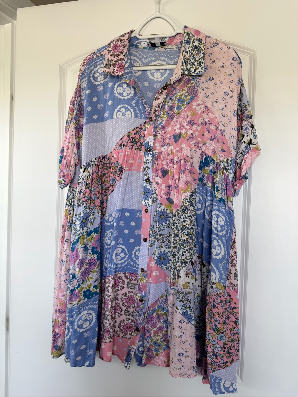 Patchwork Floral Mini Dress - Pink & Blue